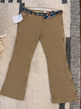 European Yellow & Black Houndstooth Flare Pants with Plaid Belt